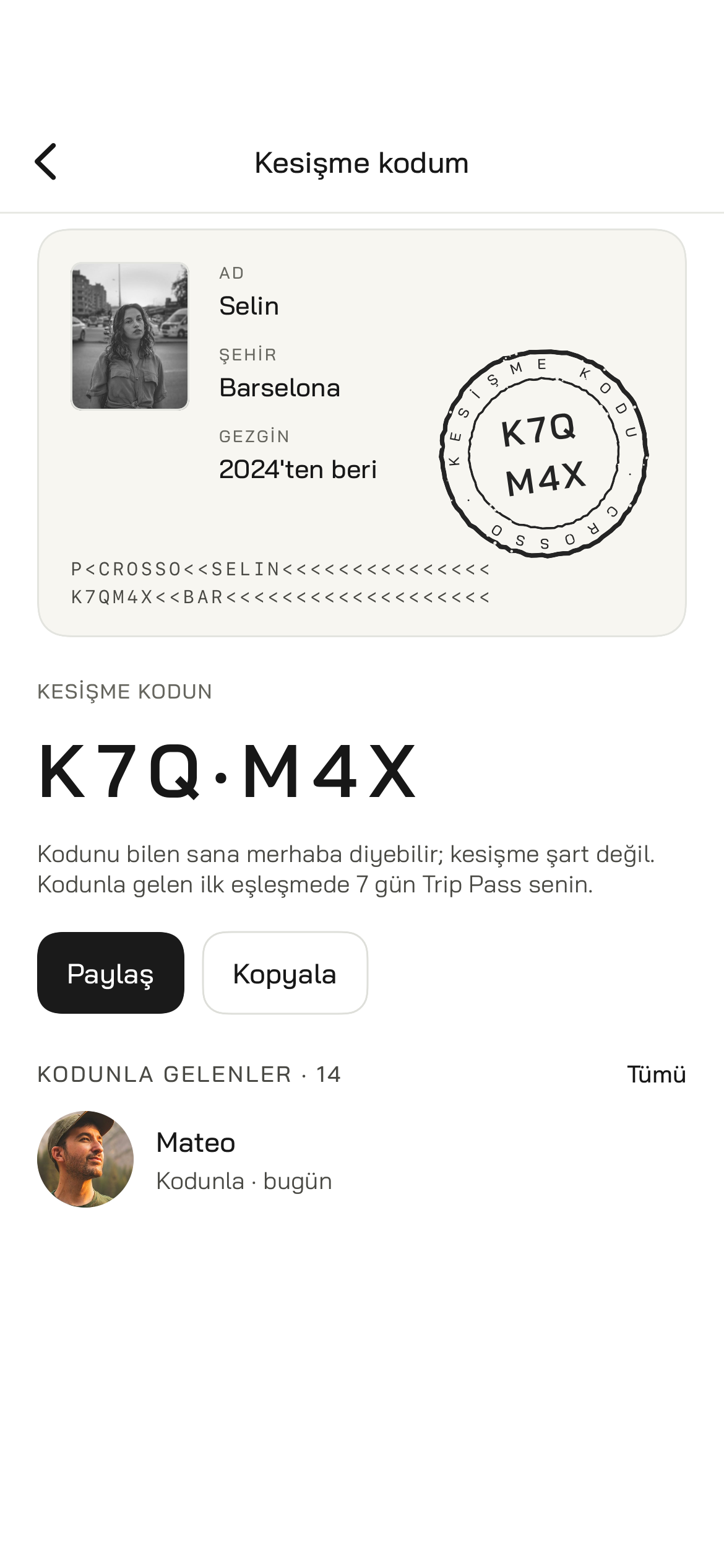 Kesişme kodum — Altı harf, damgalı kimlik sayfan.