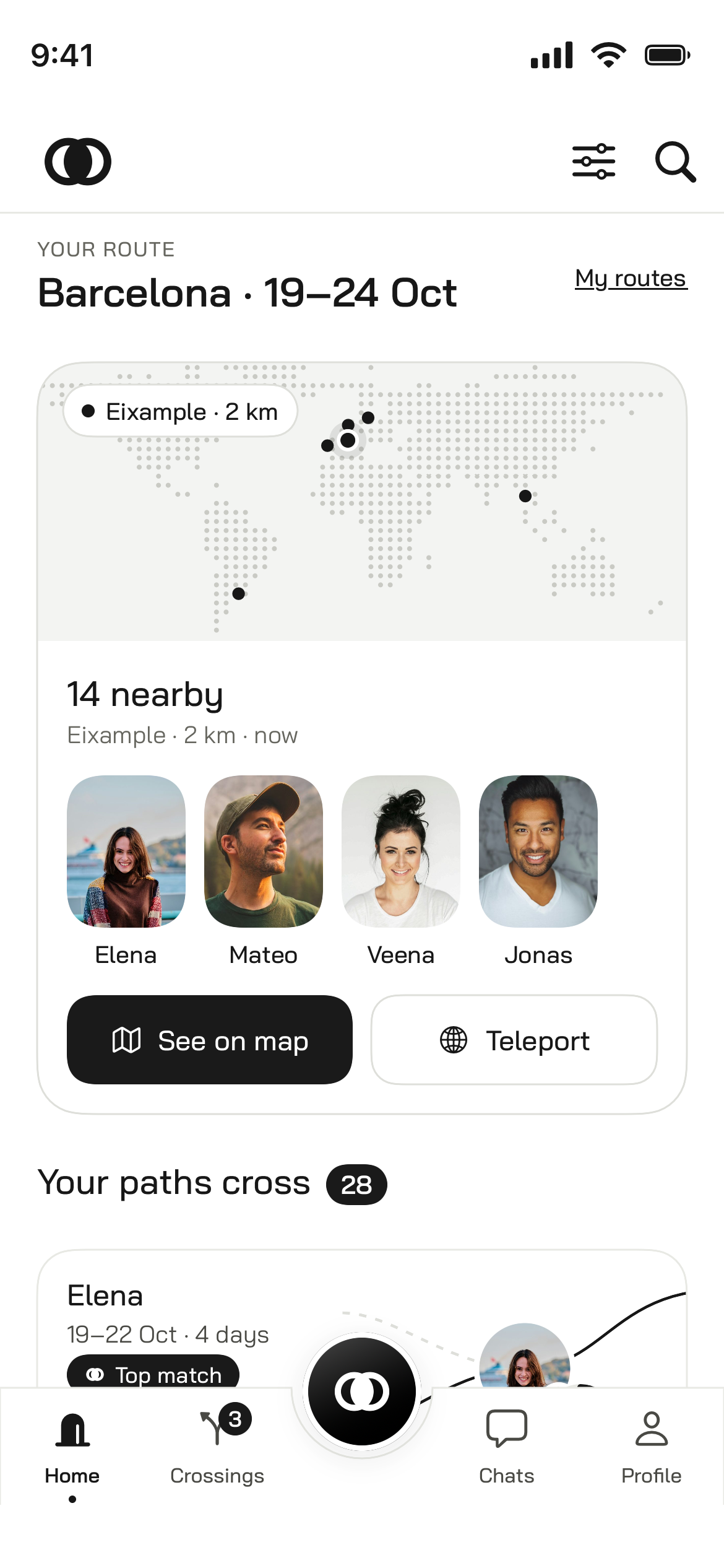 The home screen: the crossings in this city