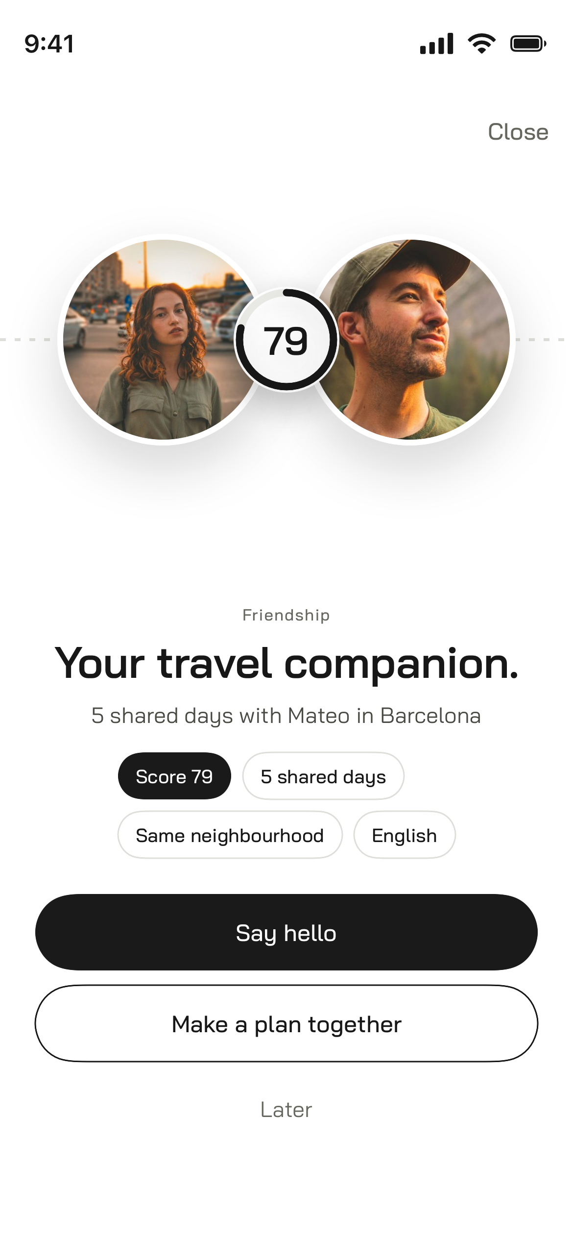 The match screen: your travel companion