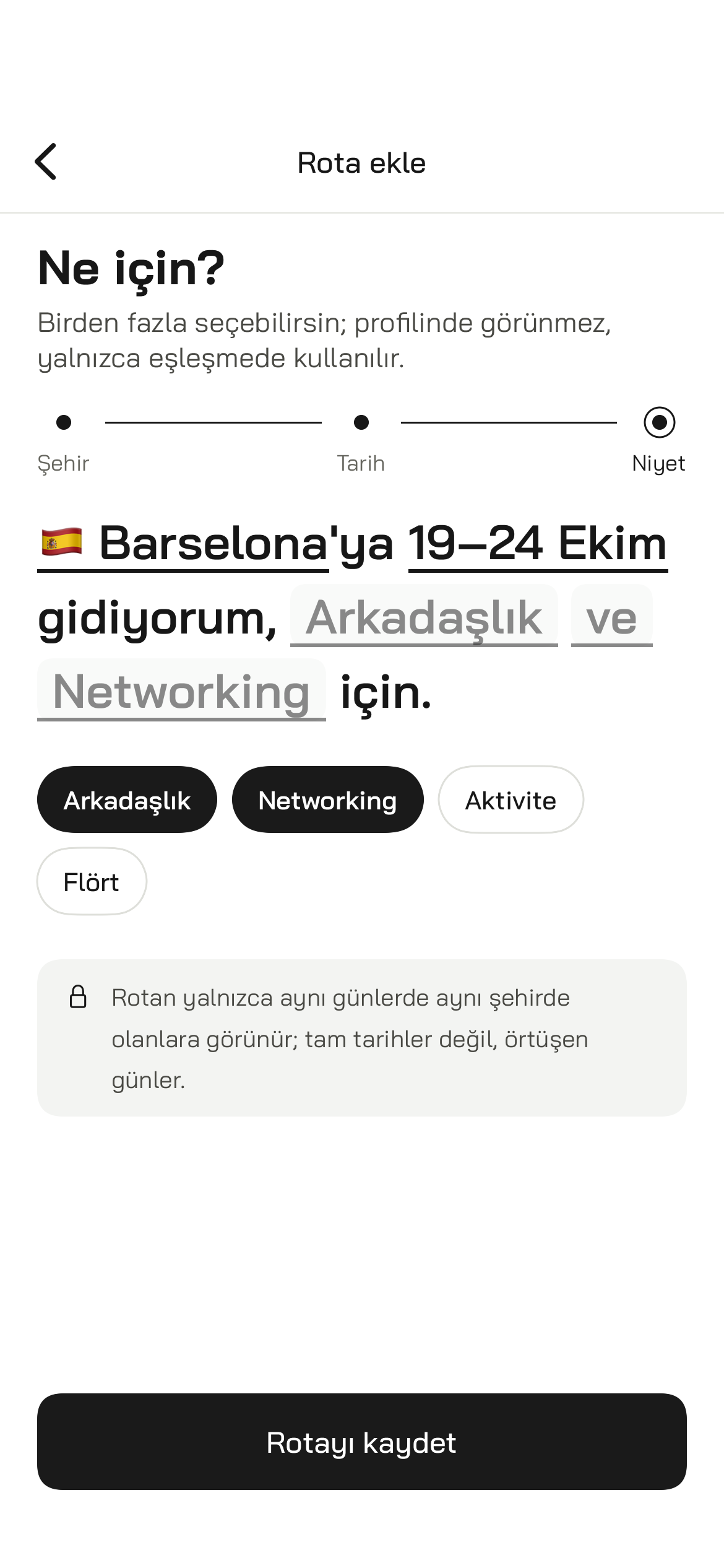 Yeni rota ekranı: şehir, tarih ve mod