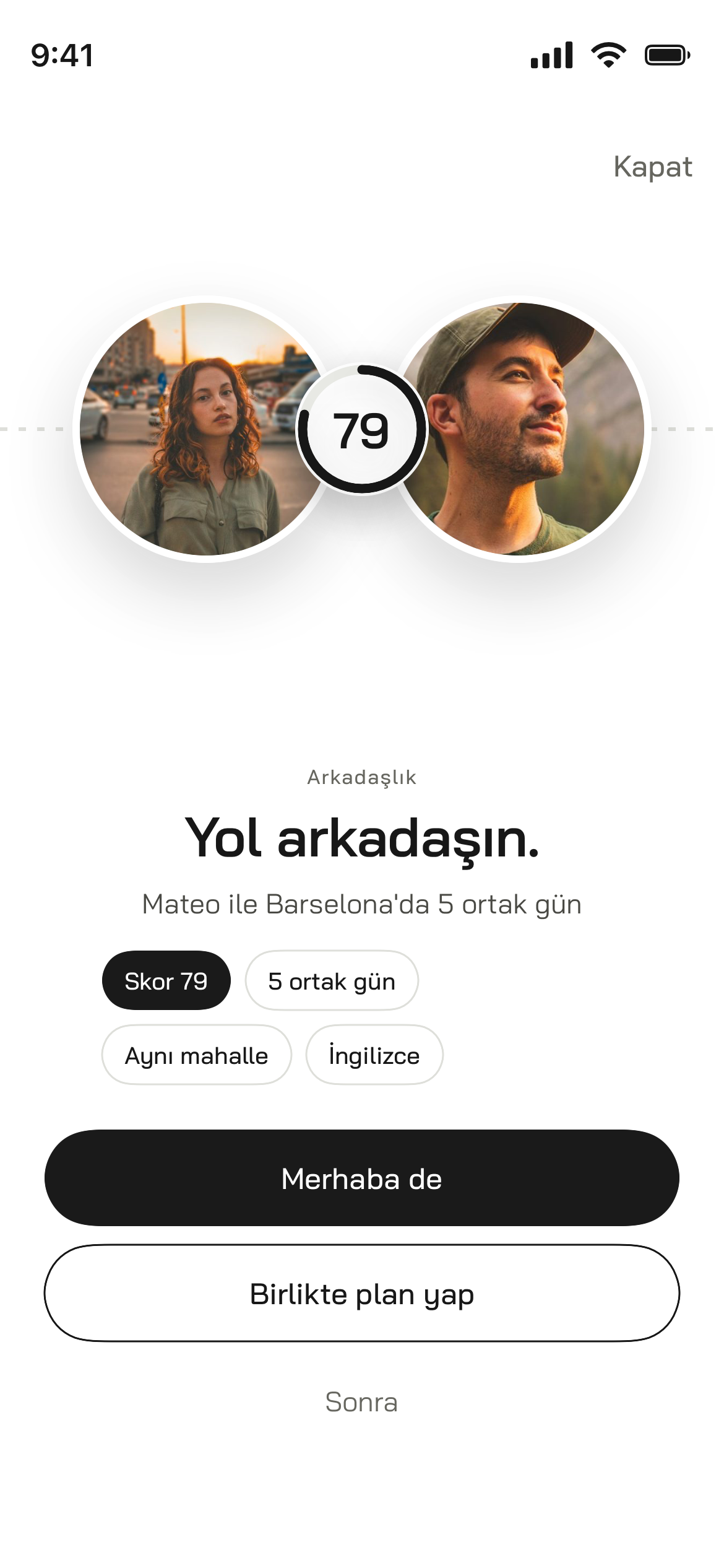 Eşleşme ekranı: yol arkadaşın